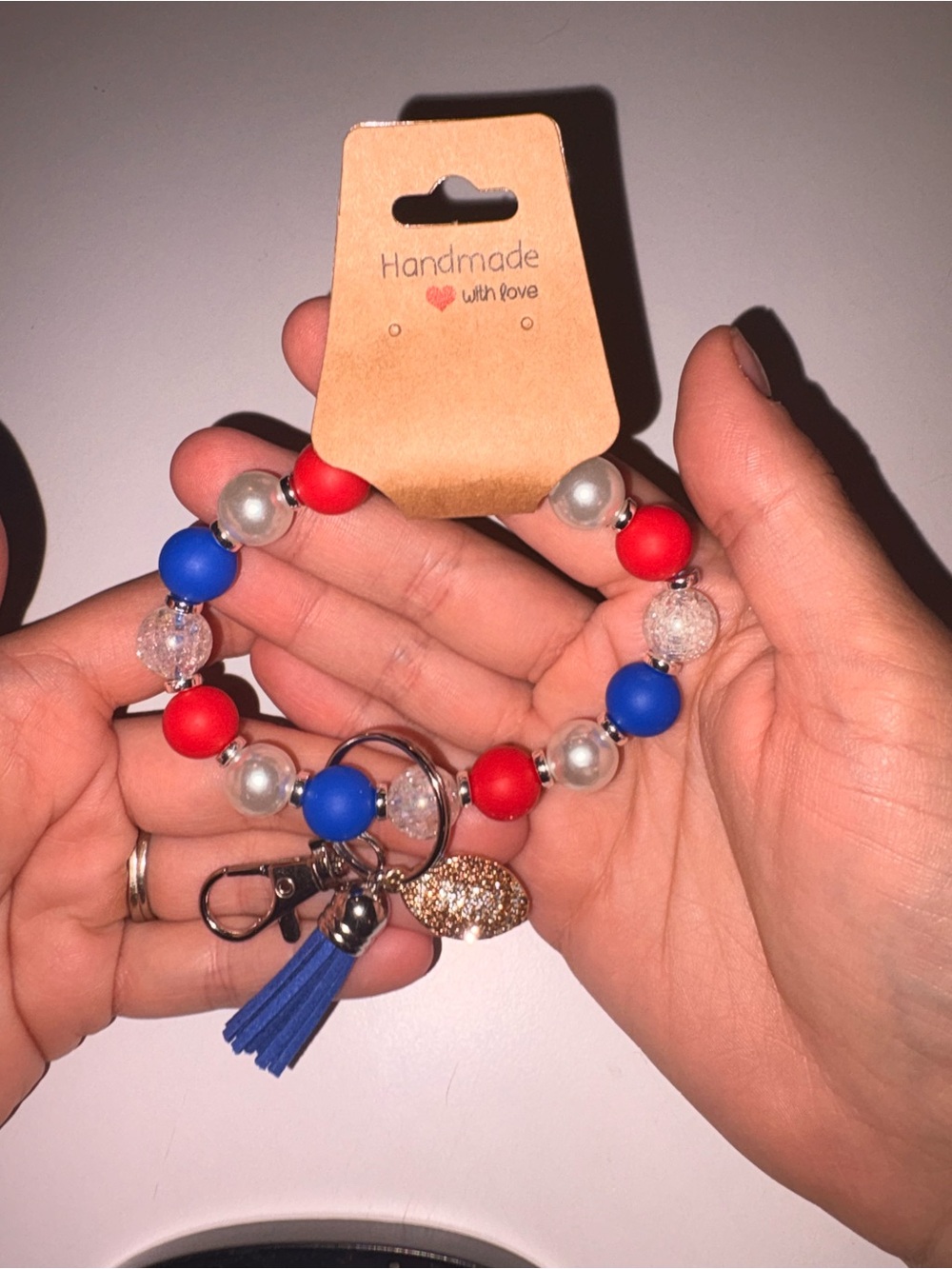 Handmade Beaded Keychain Bracelet - Red & Blue